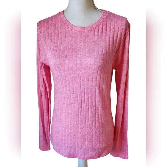 Zenana Tops - Zenana Pink Ribbed Long Sleeve Crew Neck Knit Soft Stretch Basic Top Size L
